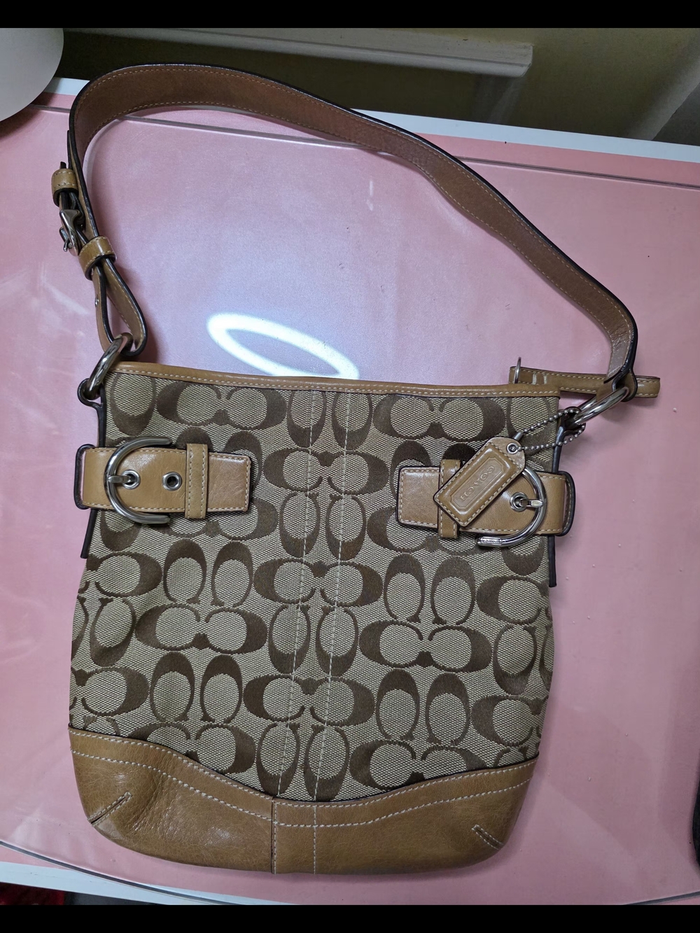 Coach Brown Signature C Logo Canvas Shoulder Bag with Tan Leather Trim